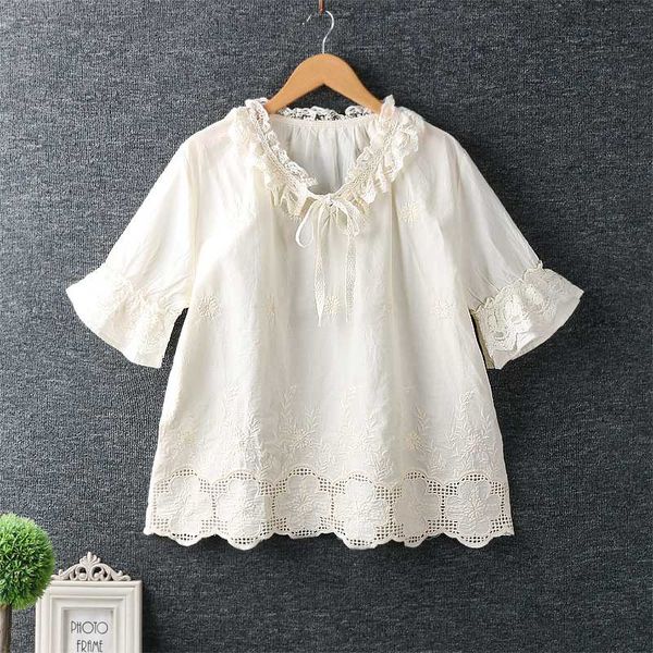 

мори девушка 2020 новый летний сладкий hipster кружева воротник вышитые пуловер рубашка с короткими рукавами хлопок и льняные рубашки женщин, White