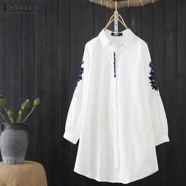 

zanzea women blouse embroidery shirt 2020 vintage ladies long sleeve shirts casual tunic blusas femininas plus size, White