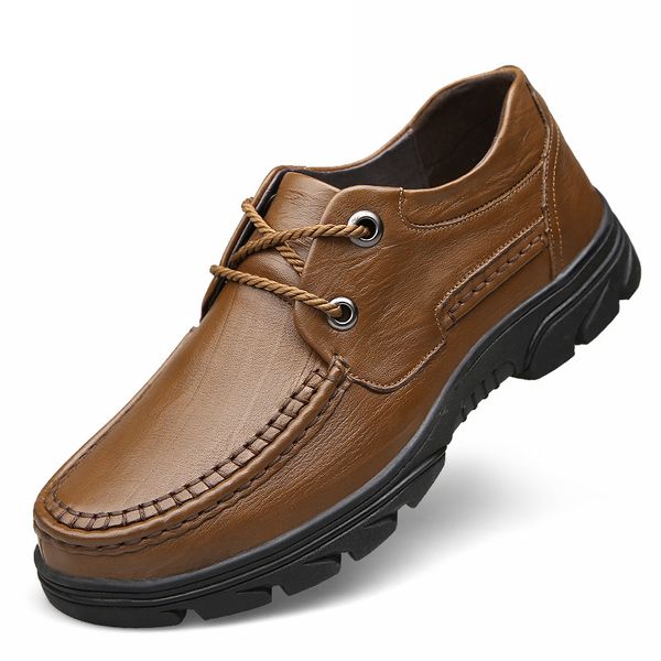 

men business shoes 100% genuine leather flat round toe office men shoes fashion slip on dress big size 48, Black