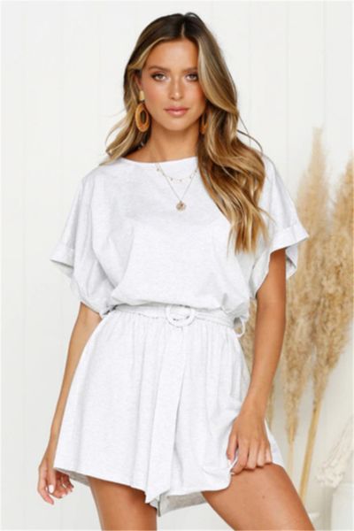 

New Summer Loose Sashes Womens Jumpsuits Short Sleeve Solid Color Bodysuit Street Style Shorts Ladies Rompers