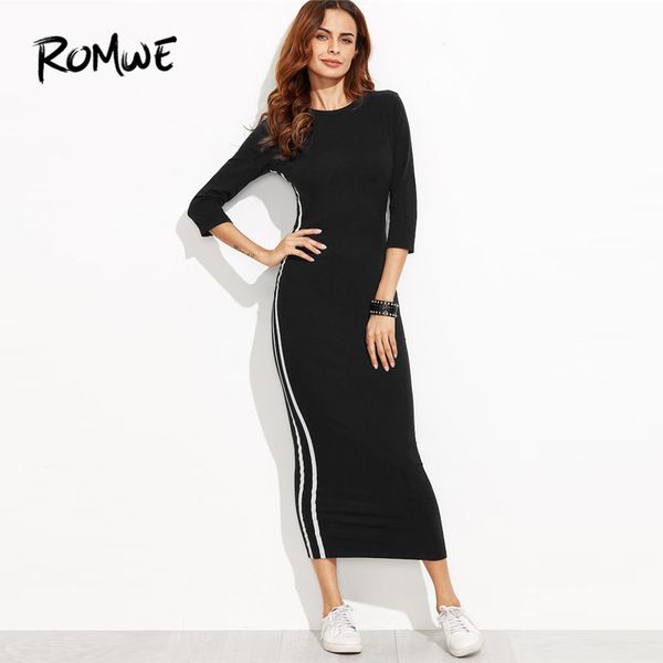 

Black Striped Side Seam Fitted Tshirt Dress Women Clothes 2018 Autumn Casual 3/4 Sleeve Clothing Female Slim Long Dresses