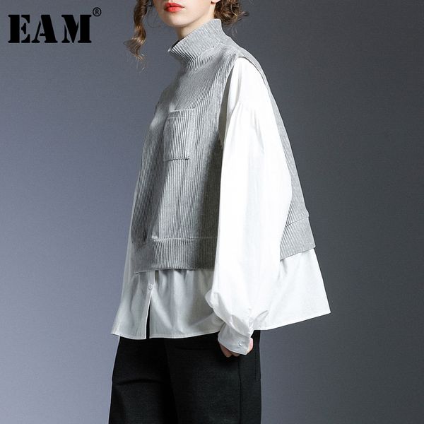 

eam] women corduroy black split big size blouse new turtleneck long sleeve loose fit shirt fashion spring autumn 2020 1n173, White