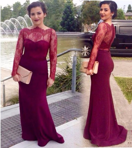 

burgundy lace mermaid evening dresses boat neck sheer long sleeves buttons party gowns prom dress custom cheap, Black;red