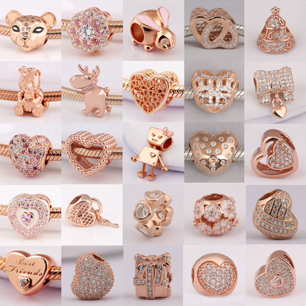 

925 sterling silver glittering round rose gold crystal bead charm heart bead for women original charms bracelet jewelry, Bronze;silver