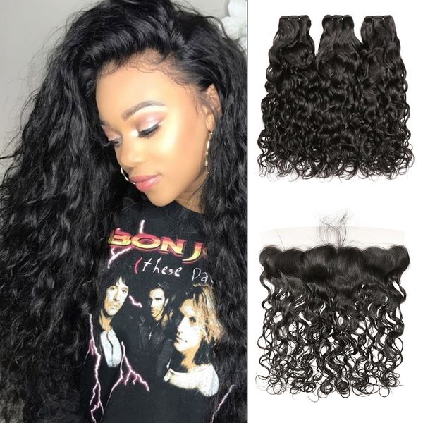 

4шт / мешок волна воды человеческих волос пучки с фронтальным закрытие бразильские волосы плетение связки с фронтальным воды curly кружева ф, Black;brown
