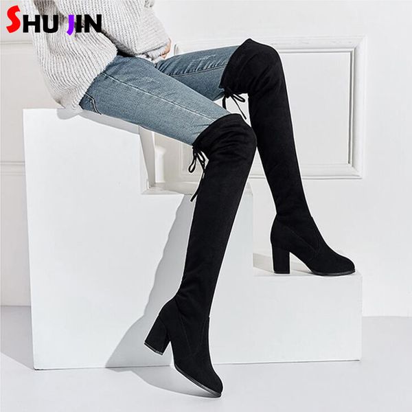

over the knee boots winter women female round toe fabric thigh high woman shoes long boots feminina zapatos de mujer, Black