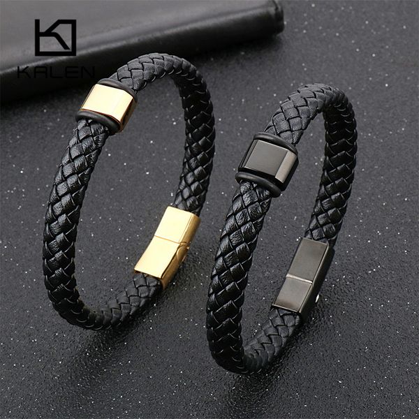 

retro genuine woven leather wrap bracelet for men 21.5cm stainless steel gold silver black charm wristband homme jewelry, Golden;silver