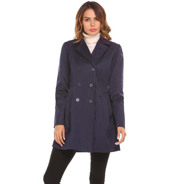

women lapel long sleeve double breasted pleated slim fit jacket coats casual office solid navy blue apricot, Tan;black