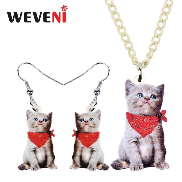 

weveni acrylic sweet red scarf kitten cat necklace earrings jewelry sets unique girls teens charm pets gift party decorations, Silver