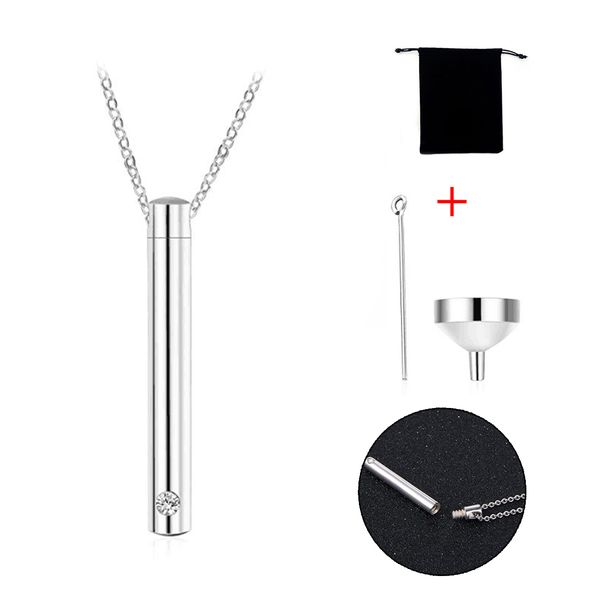

stainless steel minimalist bar urn necklace crystal pendant memorial ashes keepsake exquisite cremation jewelry fill keepsake, Silver