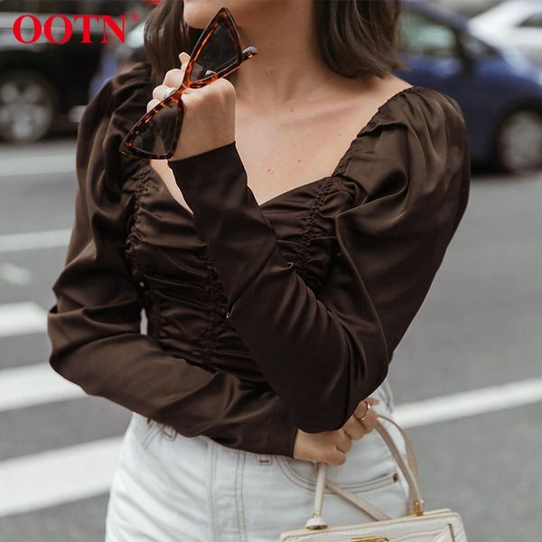 

ootn square collar elegant satin blouse and shirt women brown ruched tunic puff long sleeve office ladies silk shirt vintage, White
