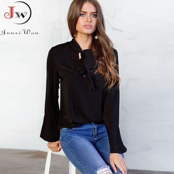 

women's blouses & shirts black bowknot collar elegant chiffon blouse shirt women solid color long sleeve summer female work plus size, White