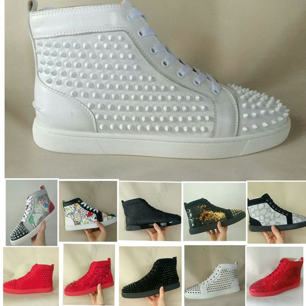 

2019 Designer brand Red bottom shoes men Studded spikes high top Louboutin sneakers Paris Version women shoes High Party Lovers Genuine Flats