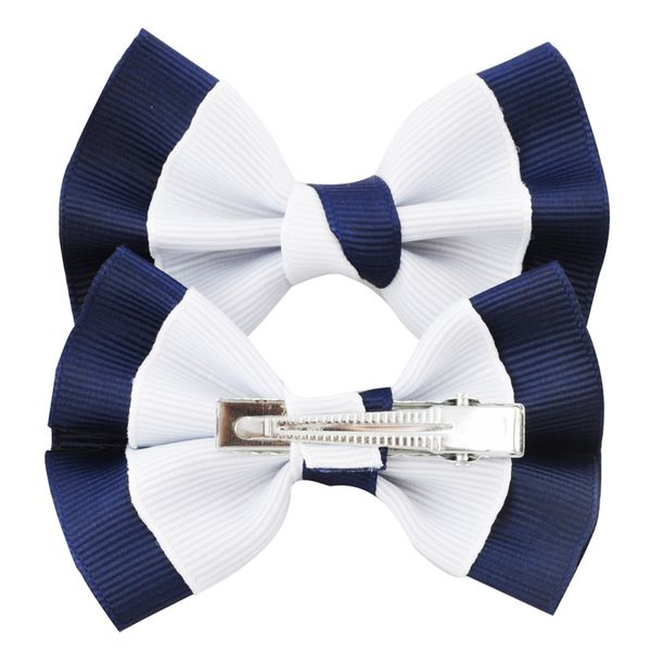 3 Little Girls Boutique White Navy Grosgrian Ribbon Hair Bow With