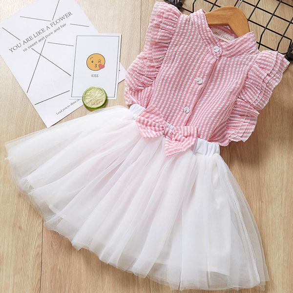 

children summer sets kids clothing baby striped cotton shirts with lace tutu bow skirts princess 2pcs outfits 2 style, White