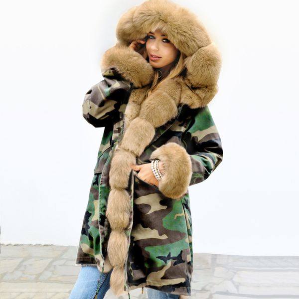 

2019 winter faux fur warm coats thermal long hooded inner fur jackets coat outwear overcoat female camo drawstring waist outers, Black