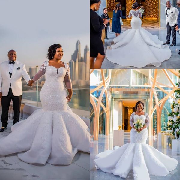 

Плюс размер с скользящим шлейфом атласная африканская свадебная платье Mermiad с кружевной аппликацией с иллюзией рукава свадебные платья Sexy Back 2020 Bride