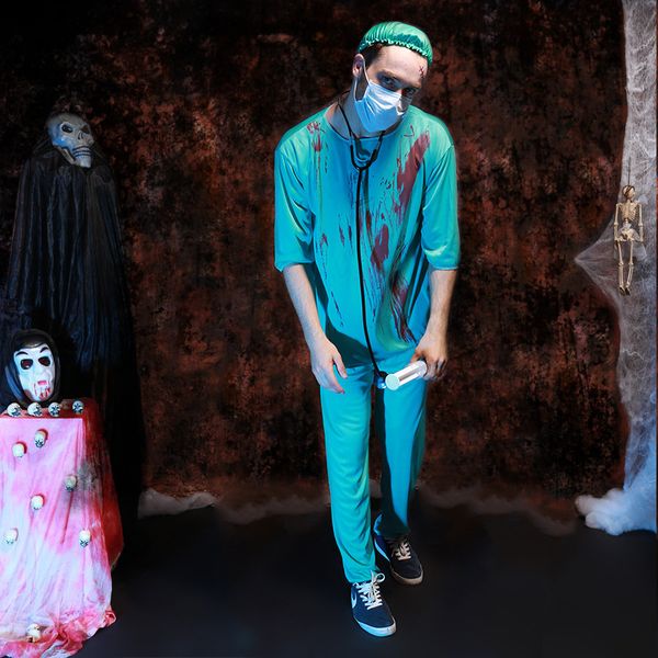 

halloween costume party clothes with blood terror male doctor nurse cosplay horrible scary clothing, Black;red