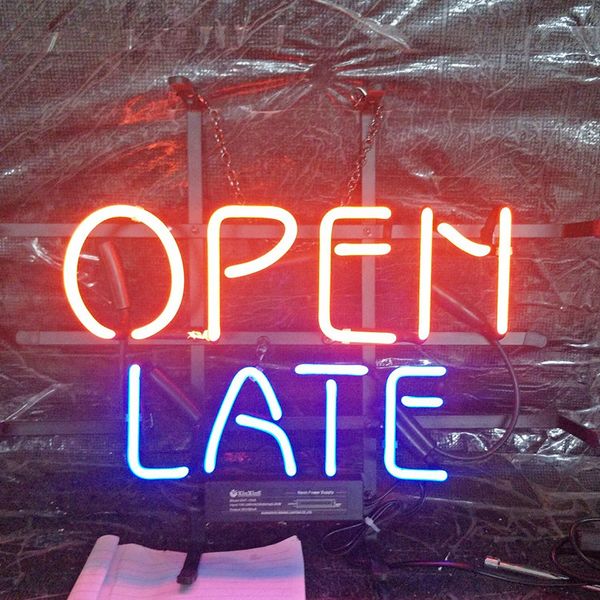 

open late neon sign bar holiday display advertising decoration customized wall mounted real glass light metal frame 17'' 20