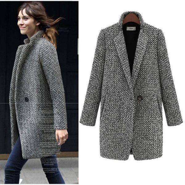 

women blend coats winter long woolen coat female plus size plaid jacket 2018 wool cape tweed ladies outwear fashion 5xl 6xl 7xl, Black