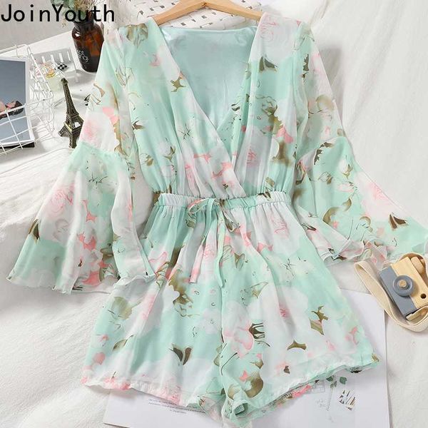 

joinyouth women jumpsuit fashion floral chiffon boaysuit flare sleeve wide leg short pants sweet playsuit korean clothes 7a216, Black;white