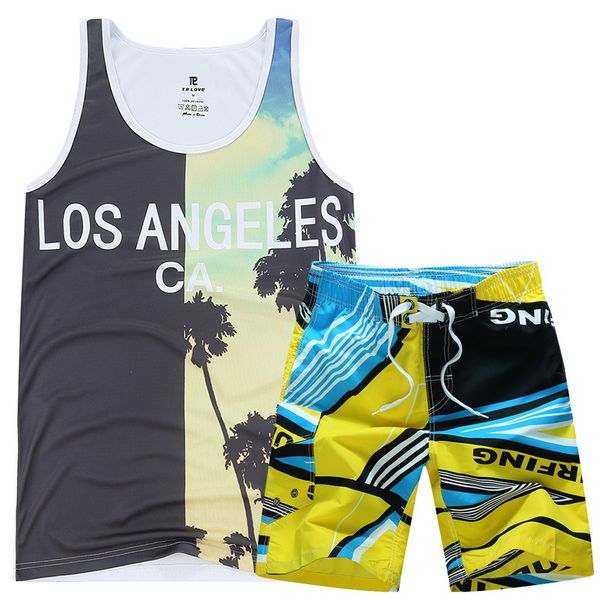 

leqemao tank sets man summer 3d print sea beach party casual sleeveless t shirt+shorts mens fitness clothing vest set, Gray