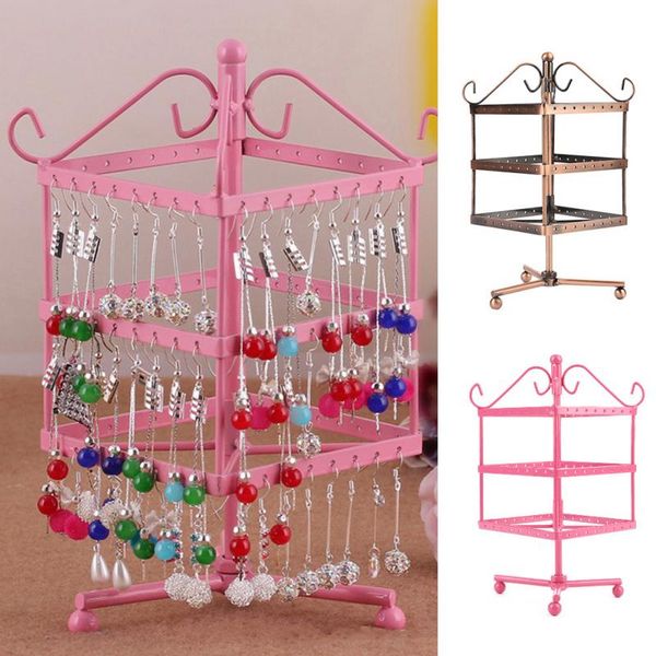 

new 96 holes rotatable three layers earrings bracelets storage jewelry display square stands metal hanger holder rack organizer, Pink;blue
