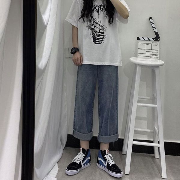 

2020 new style straight-leg jeans loose-waisted high-waisted broad-legged students korean version of dad pants thin and versatil, Blue