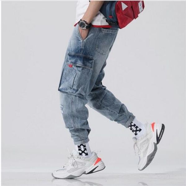 

new spring jeans men's loose large size hallen small boys 9-point trousers holes nine-point trousers men's trend, Blue