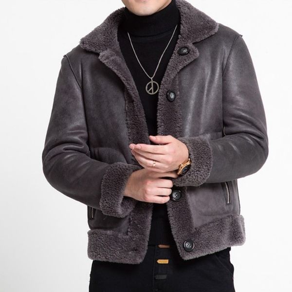 

brand men motor biker sheep real fur jacket suede leather shearling coat fur lining windproof reversible coats plus size 5xl, Black