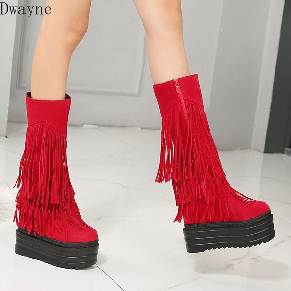 

nightclub stovepipe fringed women's boots 2019 winter 13cm thick-sole increase within middle tube boots wedges, Black
