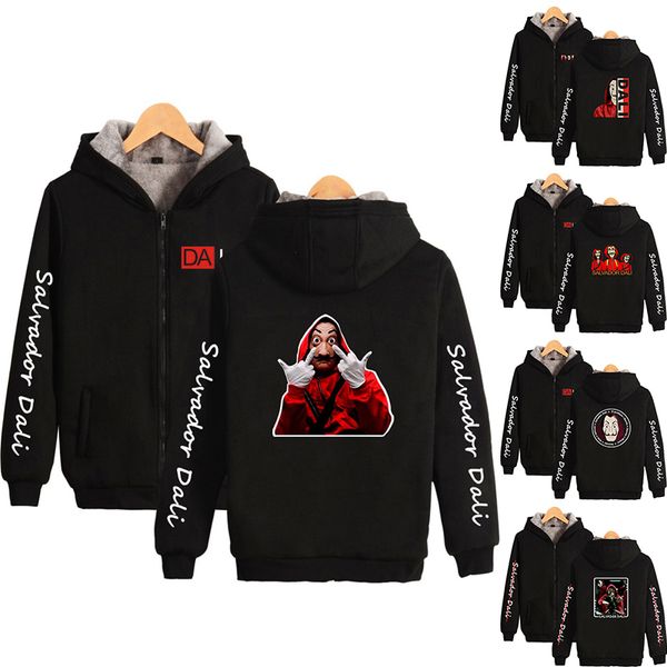 

money heist the house of paper salvador dali hoodie winter men women zipper hoodies jackets long sleeve homme hooded sweatshirts, Black