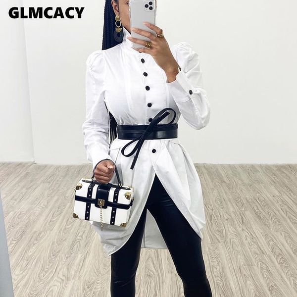 

women button down long sleeve turn down collar asymmetrical hem blouse solid chic casual spring fall shirt, White