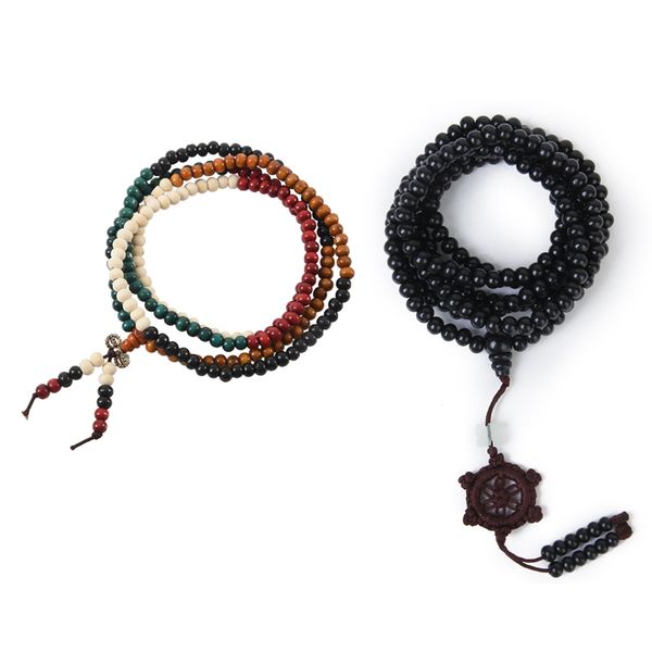 

2 pcs 216 pcs beads buddha buddhist bracelet necklace : 1 6mm multicolor tibetan & 1 tibetan style 41.7 inch black, Silver