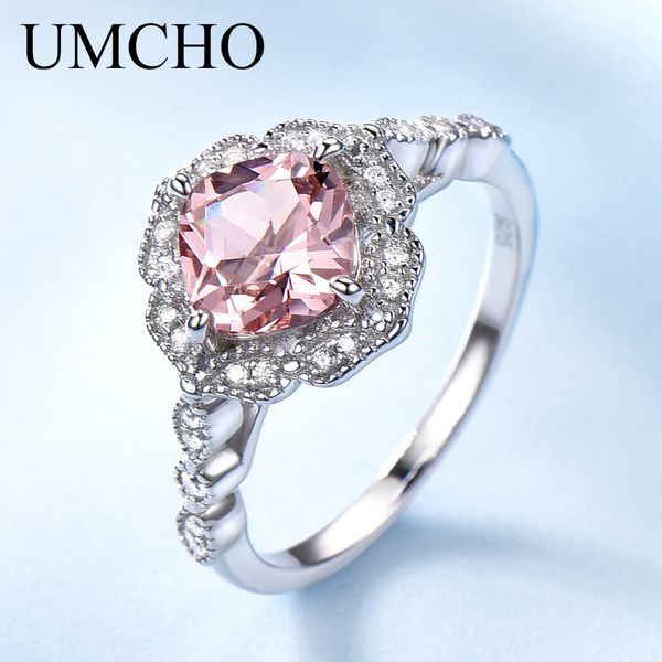 

umcho solid sterling silver cushion morganite rings for women engagement anniversary band pink gemstone valentine's gift ly191217, Slivery;golden