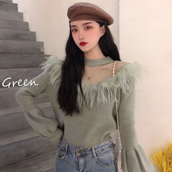 

korean sweet chic lace hollow out women sweaters vintage elegant perspective pullovers puff sleeve sueter mujer, White;black