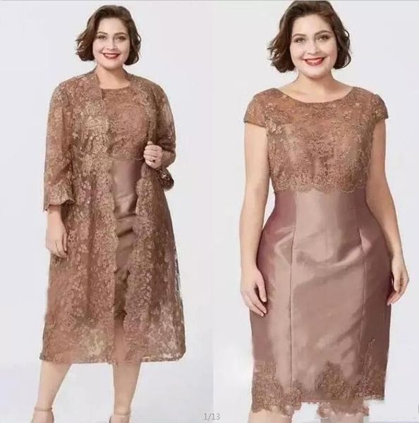 

chic brown short sleeves sheath mother's dresses with full lace jacket elegant tea length mother of the bride dress custom made bc0279, Black;red