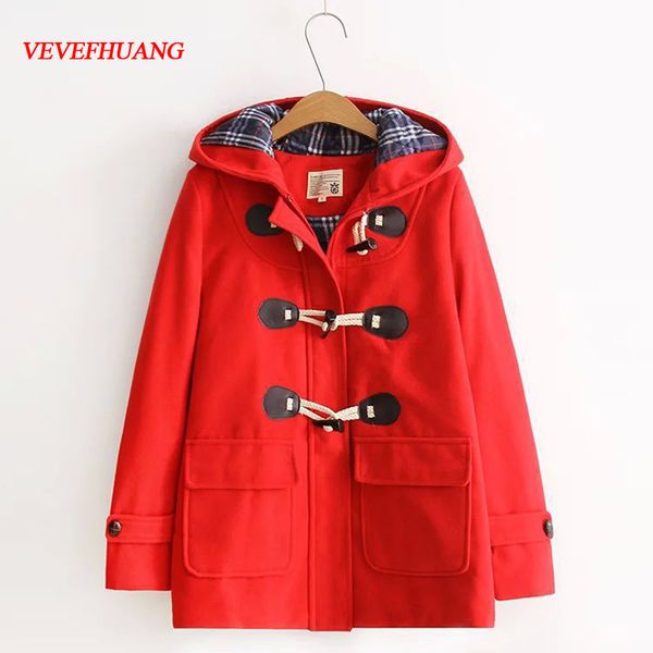 

autumn winter new solid short wool blend ladies coat horn button women's jacket hooded full sleeve korean casual fashion coat, Black