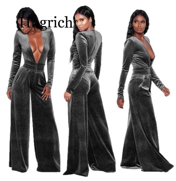 

christmas velvet jumpsuit 2020 autumn winter women deep v neck long sleeve casual romper wide leg pants overalls, Black;white