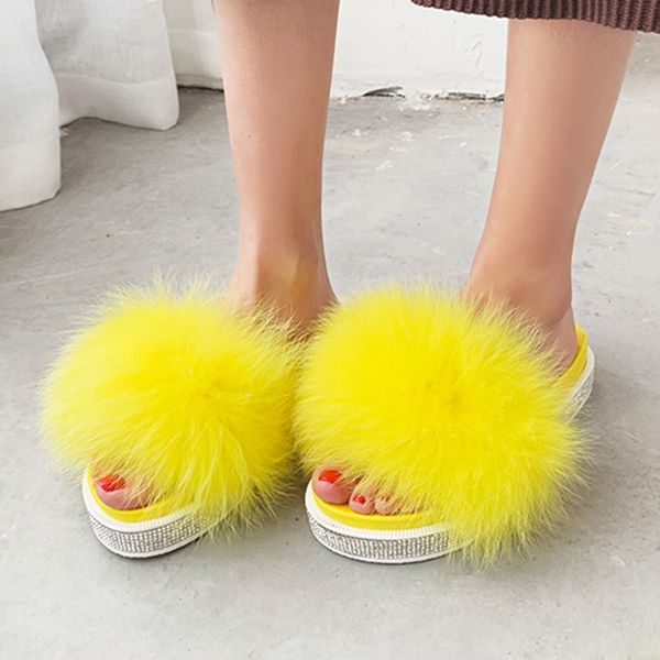 

2019 summer fox fur slides crystal plush fox slippers real fox hair luxury fashion beach slippers, Black
