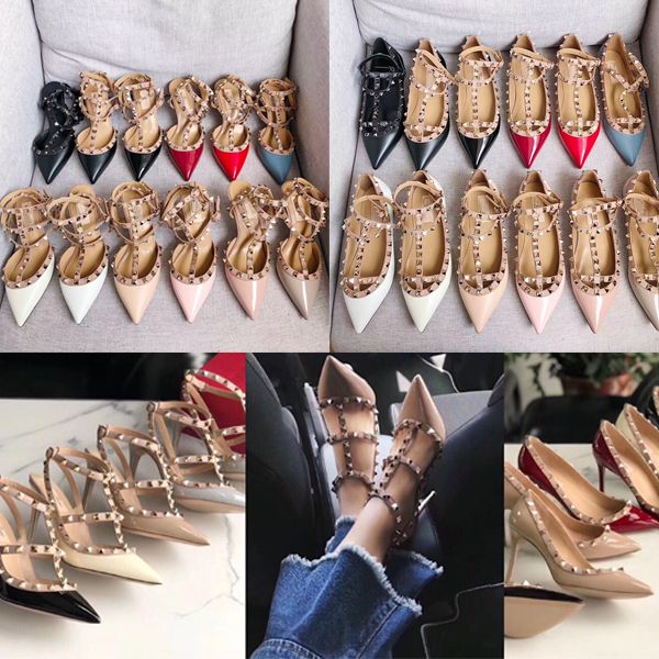 

women studs sandals high heels caged ankle strap pump 65mm 10mm beat quality 100% genuine leather bottom party shoes dress shoes, Black