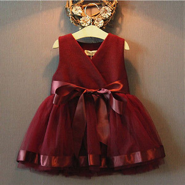 

2017 new kids baby princess girls dress party tulle bow gown brief cute formal fashion mini dress 2 3 4 5 6 7 years, Red;yellow