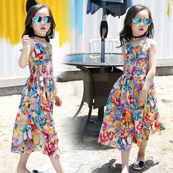 

girls sleeveless print flower cool clothes children work clothes kids clothing summer teenager 3-14y, Blue