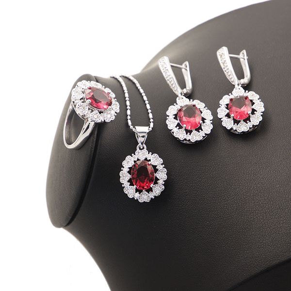 

russian heart created rose white zircon 925 stamp silver color jewelry sets pendant earrings rings necklace