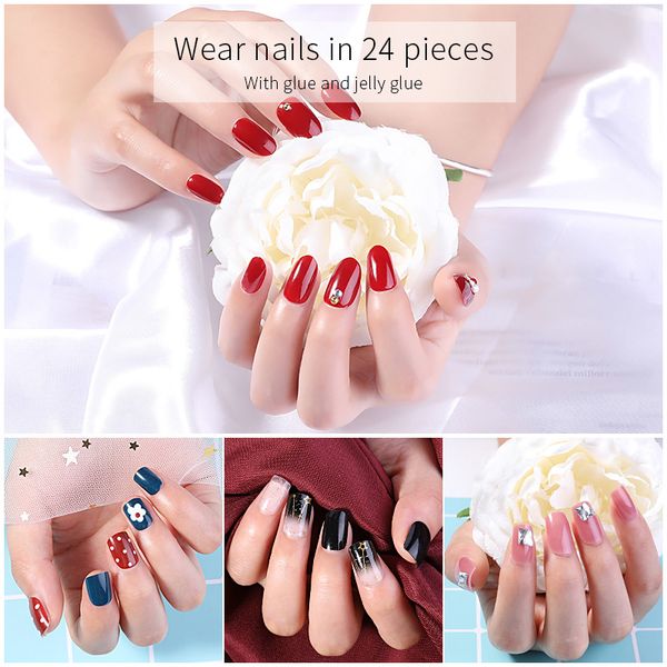 

24 pcs nude color nail tips women wearable fake press on nails with diamond short round full cover artificial nails with glue, Red;gold