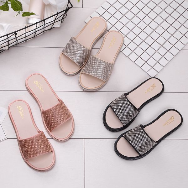 

2018 crystal diamond slippers summer women slippers bling beach slides flip flops ladies sandals casual shoes slip on slides, Black