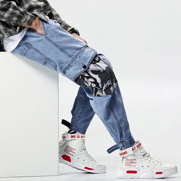 

2019 new pants high street fashion men jeans loose fit harem pants blue color hip hop ruffles jeans for men x858