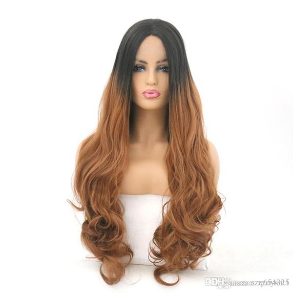 

24inch black and brown gradient front lace wig lady dyed in long curly hair big wave volume chemical fiber wig set