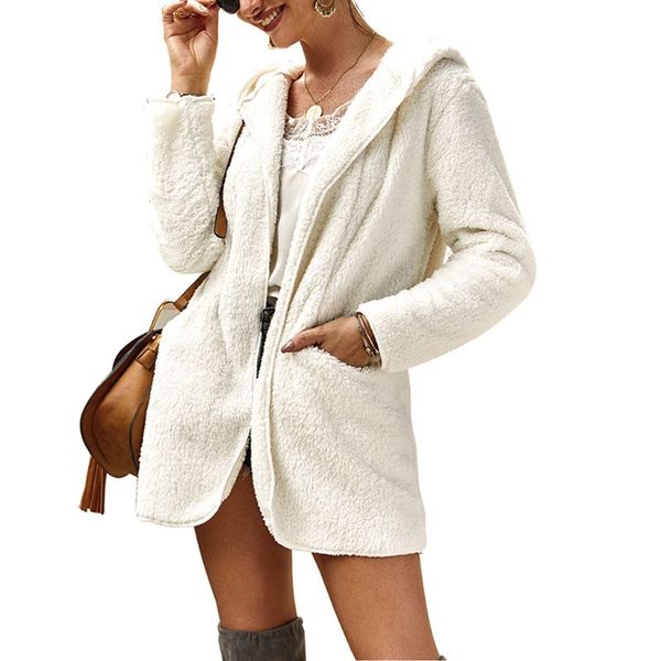 

women's 2019 autumn solid color fluffy fleece front open coat jacket with pockets hooded oversized casual ladies overcoat outwea, Black
