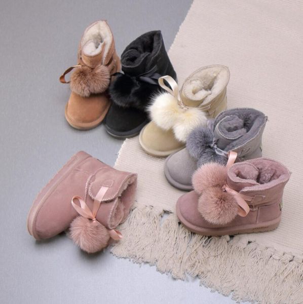 

eur 21-37 winter hair ball children' snow boots genuine leather warm big kids ankle boots non-slip baby child fur girls, Black;grey